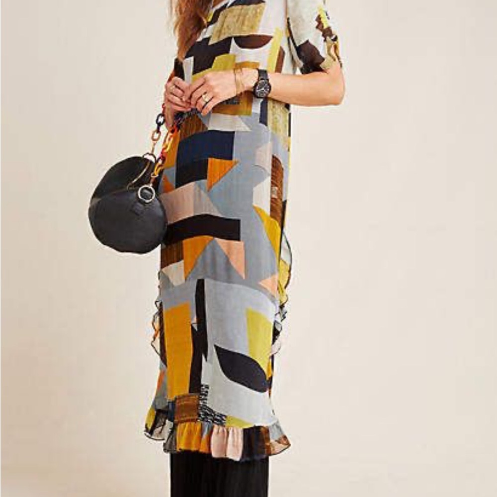 Anthropologie Silver Black Midi Dress Crew Neck Short Sleeve